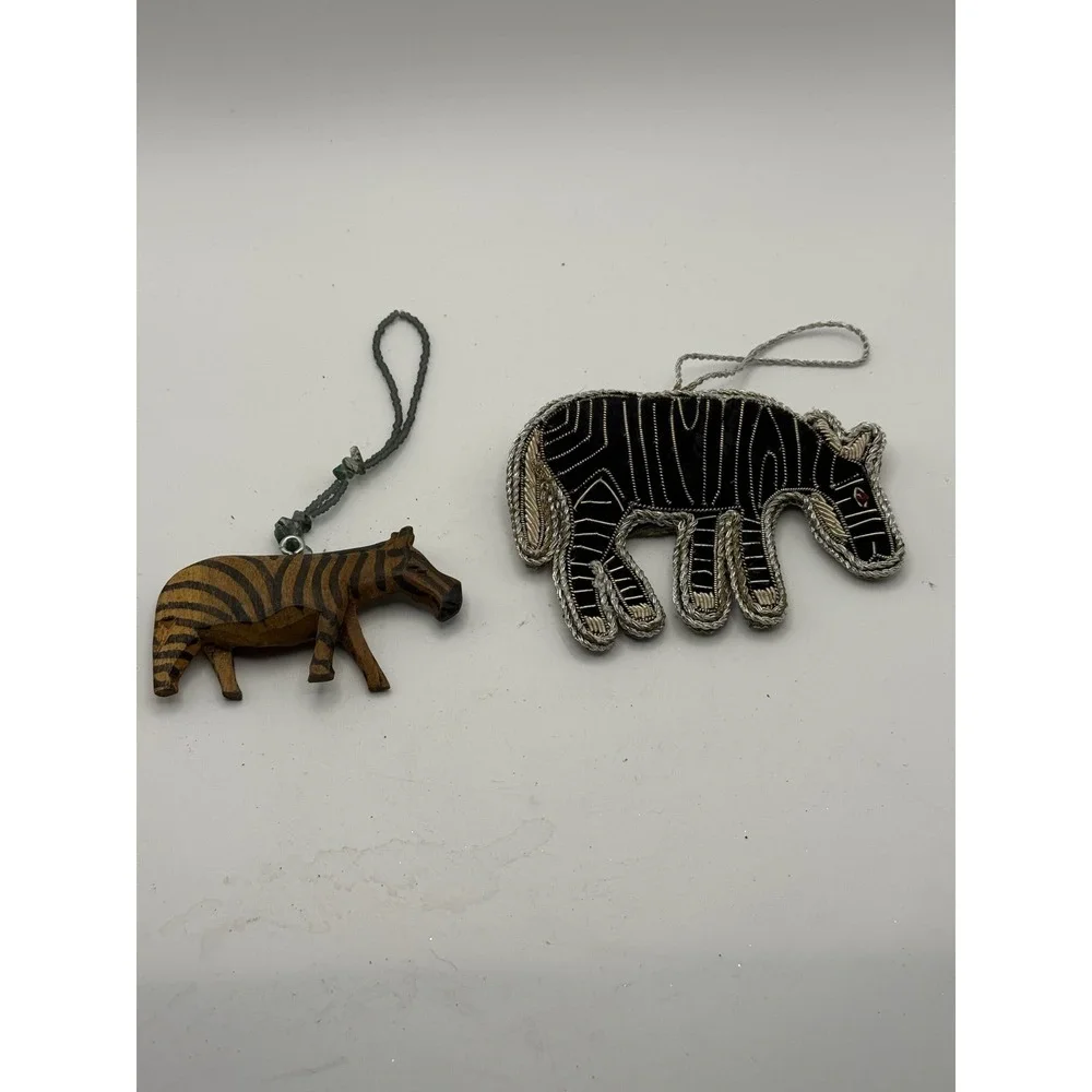 Handmade Zebra Ornament Set Carved Wood & Embroidered Metallic Fabric 2pc
